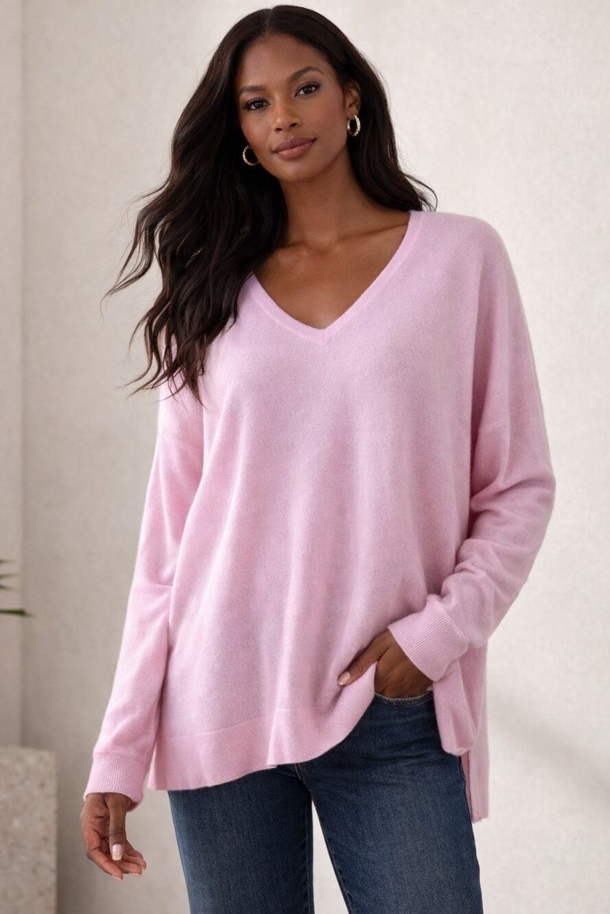 Notshy Pink Vneck tunic cashmere jumper sweater size Large XL made in France